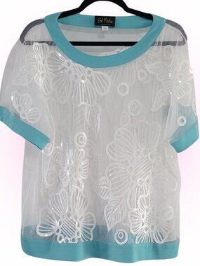 SUPER SHEER EMBELLISHED MCBLING SEQUIN FLOWERS EUC TOP BLOUSE  L